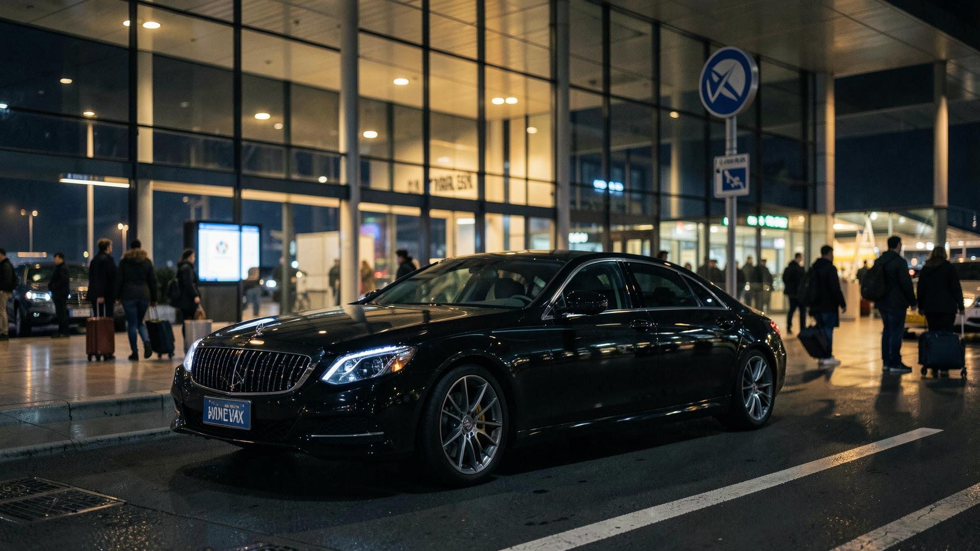 Luxury sedan at an airport terminal entrance in the evening
