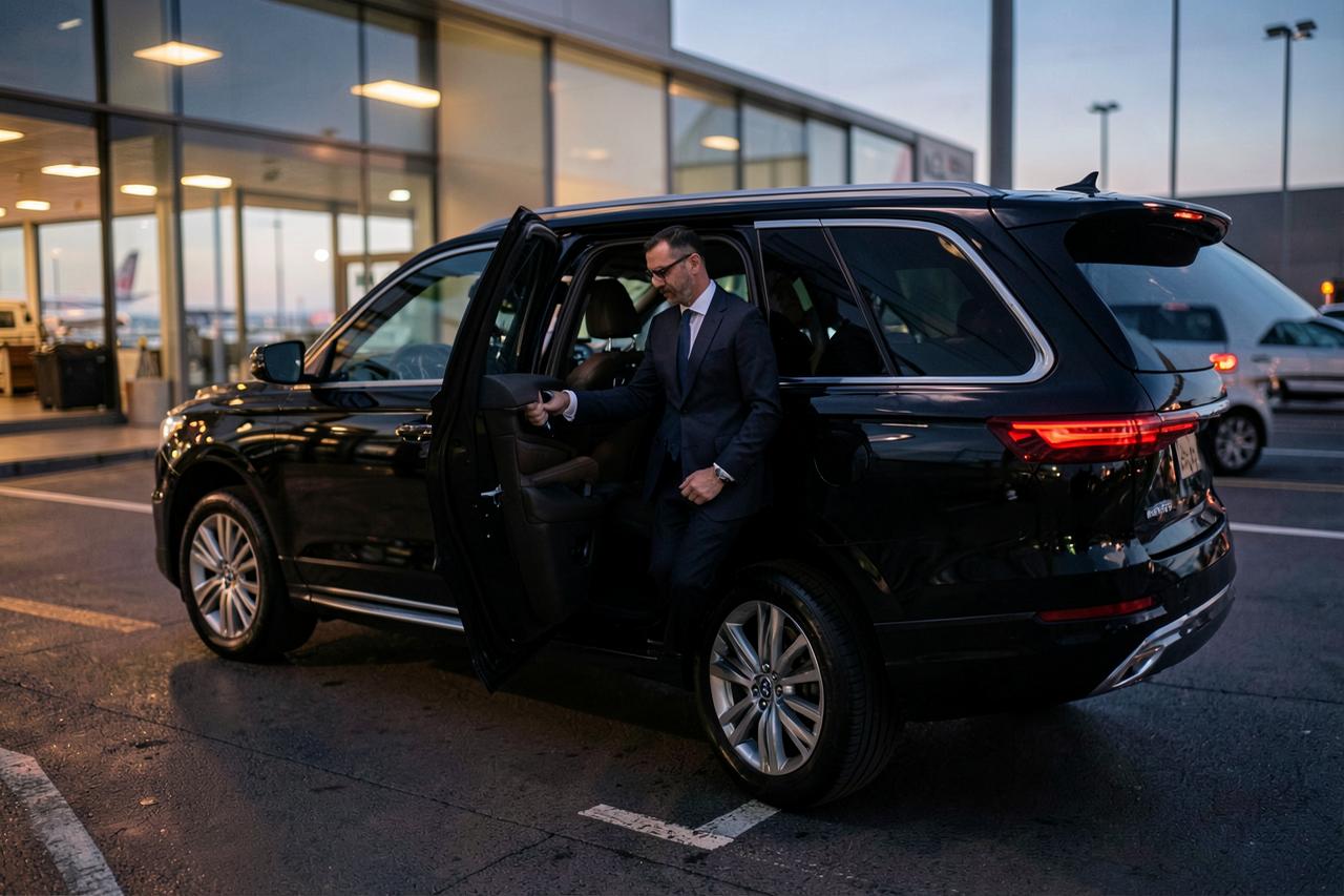 Chauffeur holding open the rear door of a black executive SUV at an airport terminal at dusk