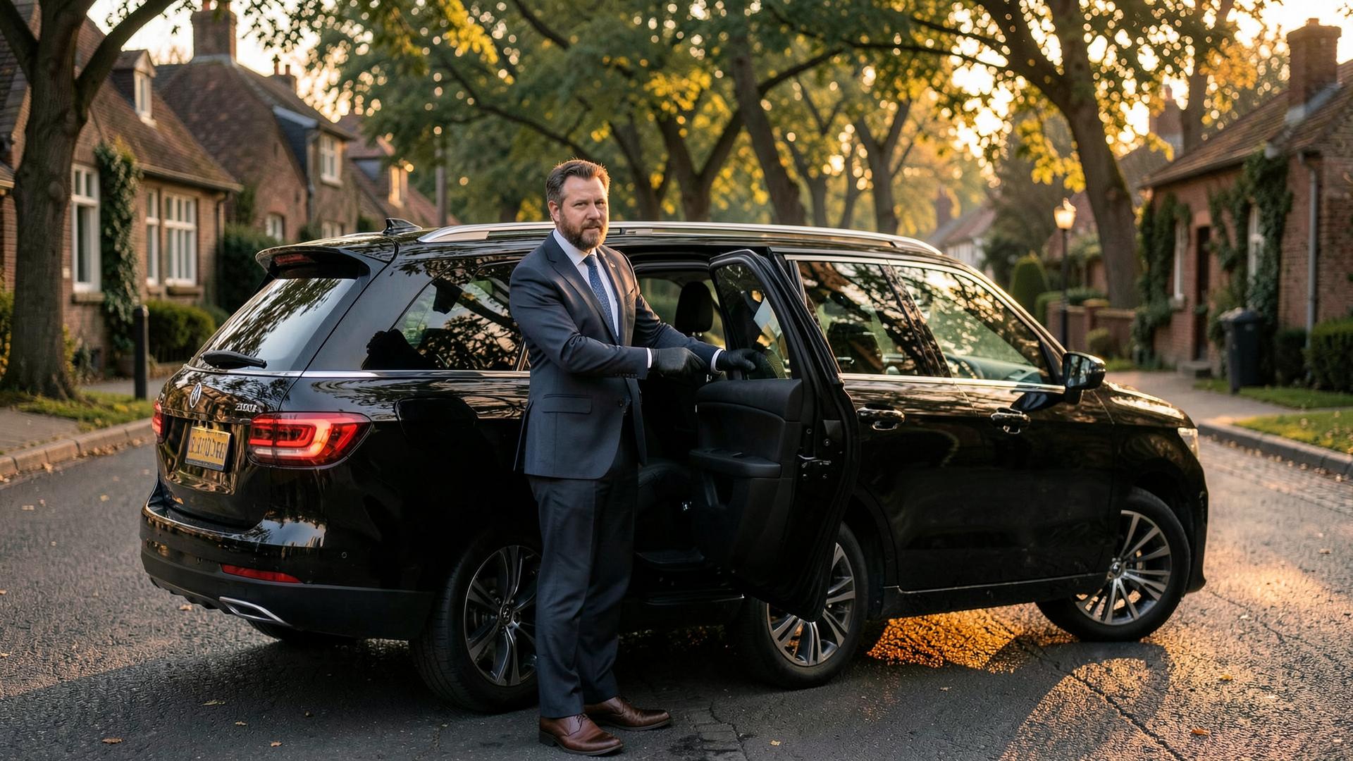 Chauffeur in a dark suit opening the door of a black vehicle
