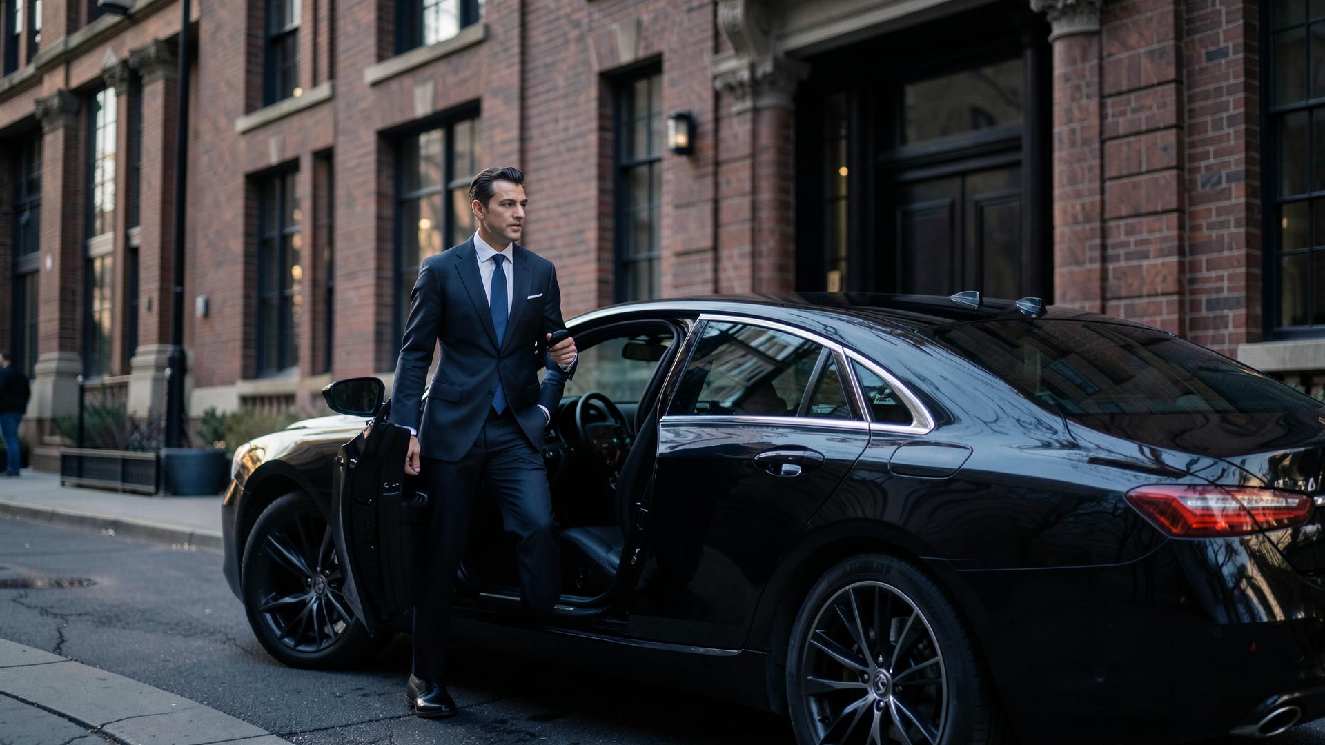 Executive stepping out of a black sedan outside a brick office building