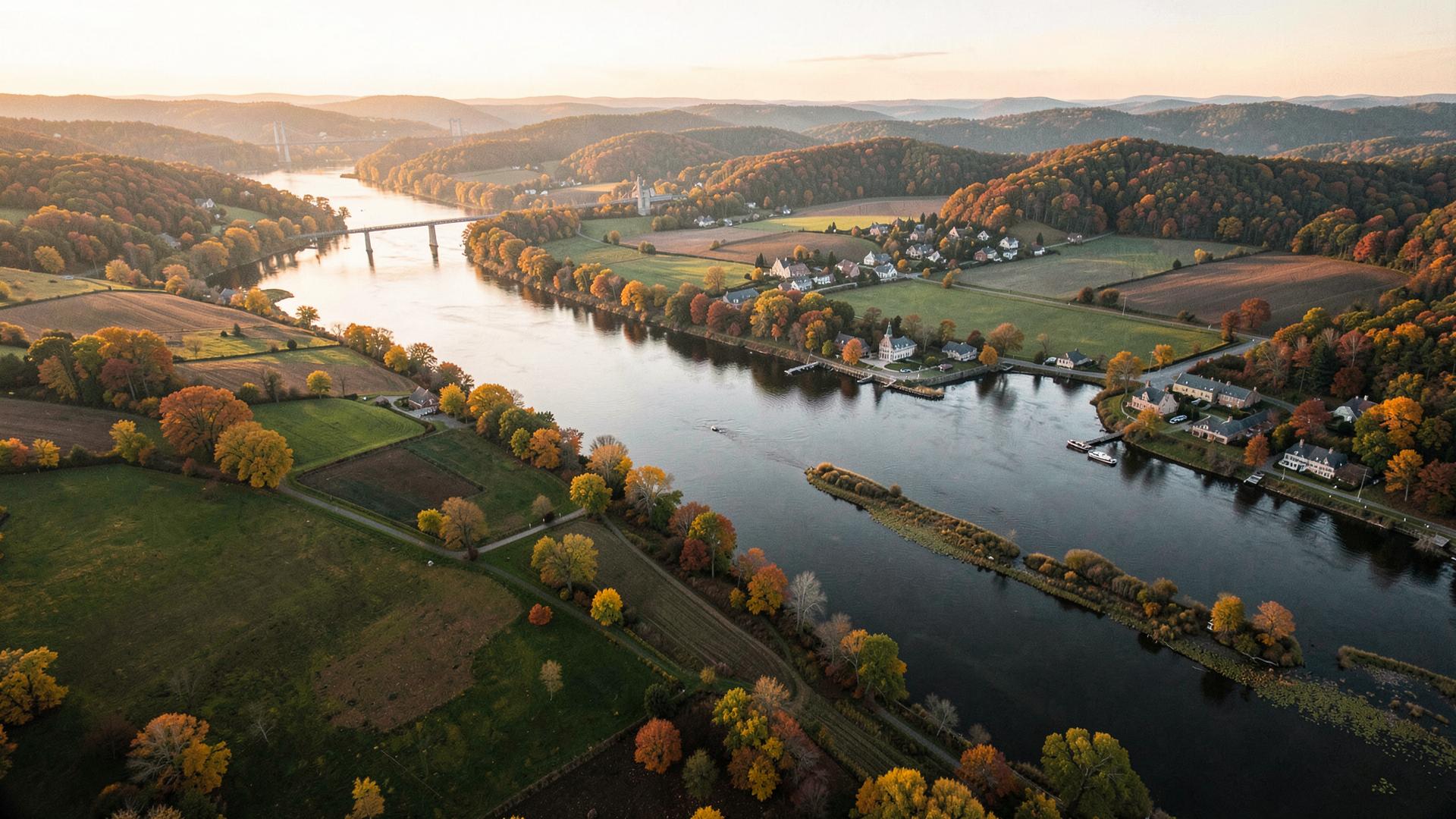 Rolling Hudson Valley farmland at sunrise