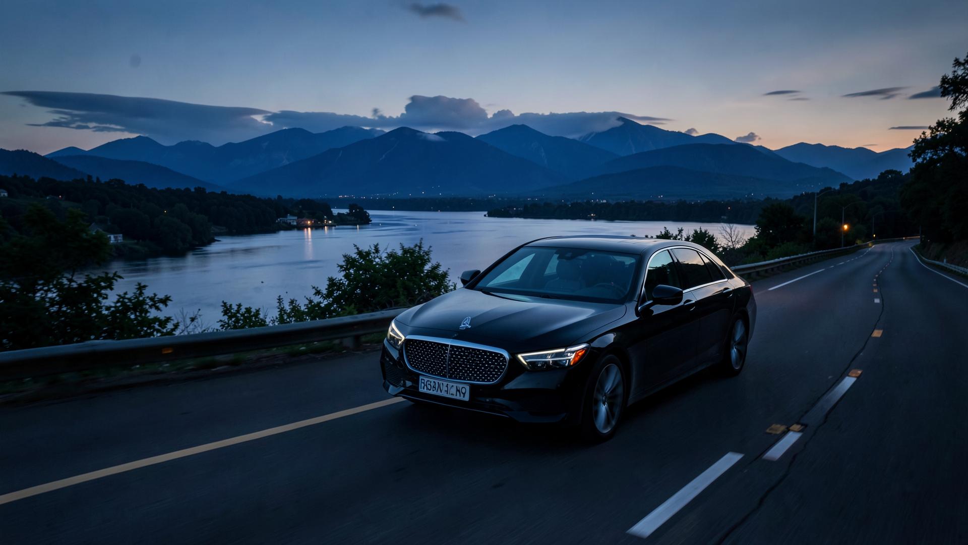 Black sedan travelling a Hudson Valley highway at dusk