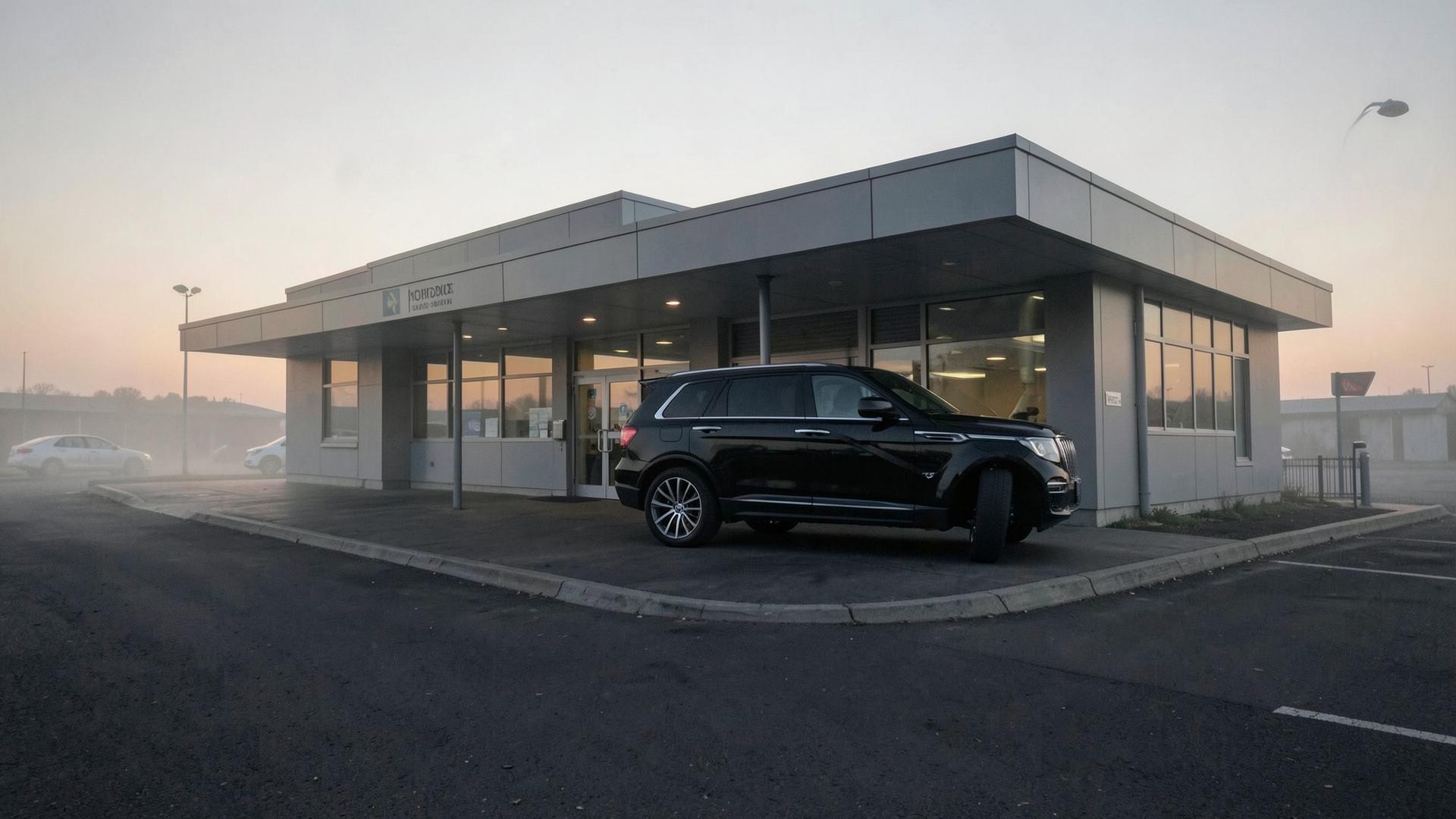 Luxury SUV at the entrance of a regional airport terminal