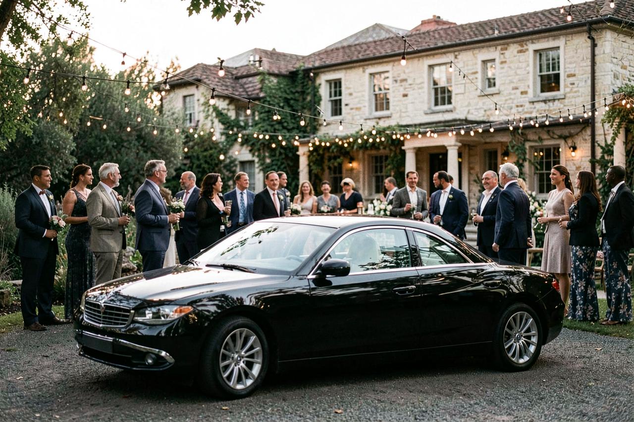 Wedding guests gathered outside a Hudson Valley stone estate at dusk with a black sedan waiting