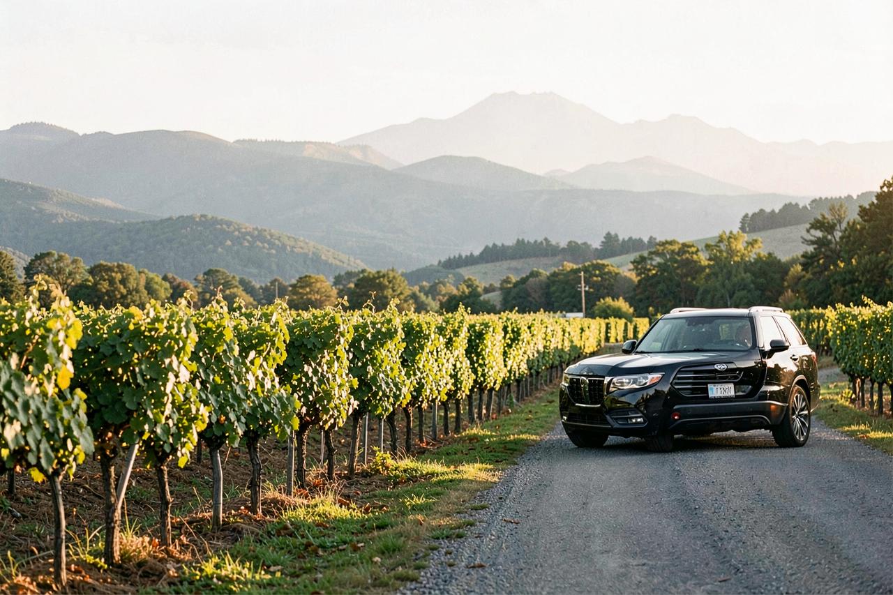 Vineyard rows in afternoon light with a black SUV on a country road and mountains beyond