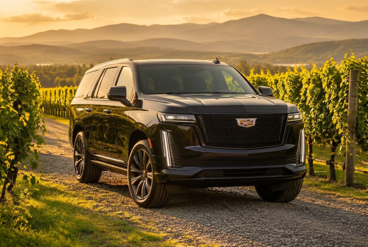 Black Cadillac Escalade luxury SUV parked on a gravel lane between vineyard rows with the mountains beyond